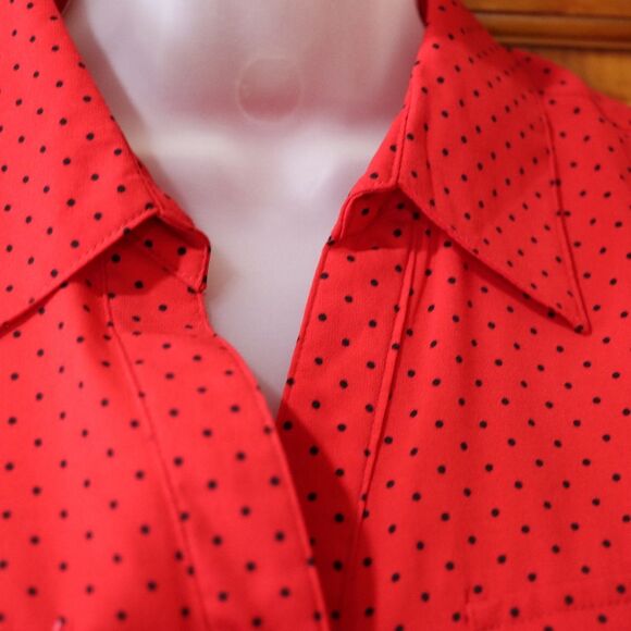 Notations Petite Red Black Polka Dot Mini Roll Tab Sleeve Button Down Blouse - Picture 4 of 15